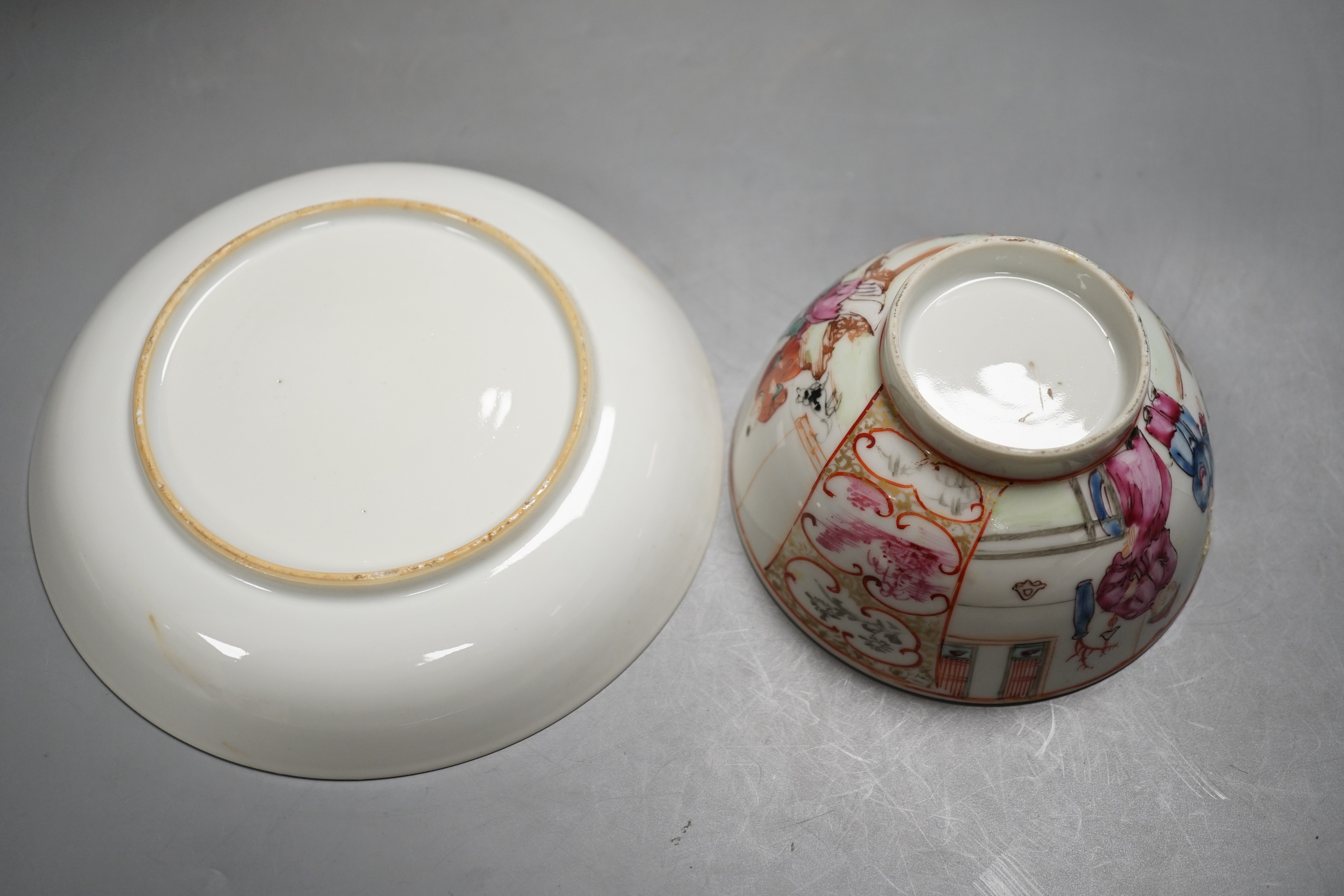 A twin handled Imari palette vase, a Japanese eggshell porcelain footed bowl, together with an 18th century Chinese porcelain bowl and saucer (with damage) 25cm (4)